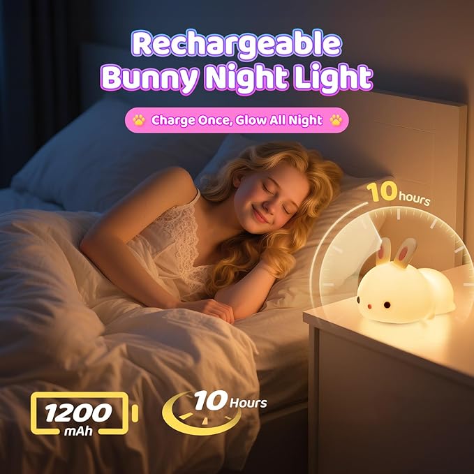 One Fire Bunny Toys for Kids Night Light for Kids, 16 Colors Cute Lamp, Soft Silicone Baby Night Light, 1200mAh Portable Dimmable Touch Lamps, Kawaii Room Decor, Christmas Gifts for College Girls - Bloomnest