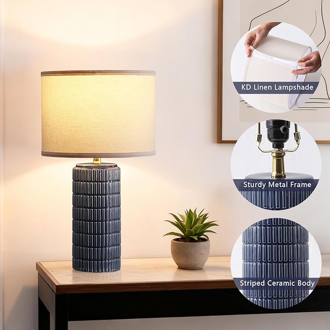 Modern Ceramic Table Lamp Set of 2, Bedside Lamp for Bedroom Decor, Nightstand Lamp with 3 Color Temperatures, Desk Light for Living Room Dorm Office, Blue - Bloomnest