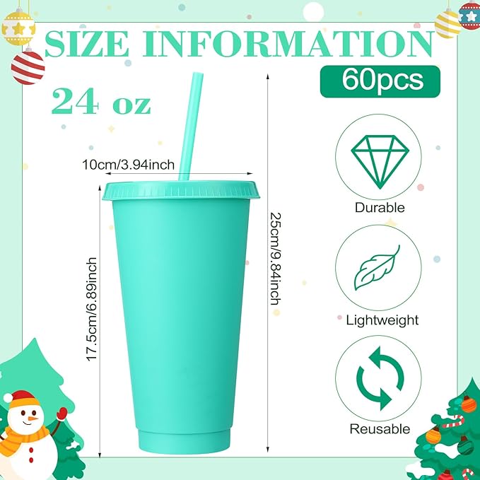 Honeydak 60 Pack Tumbler with Straw and Lid Bulk Water Bottle Iced Coffee Travel Mug Cup Reusable Plastic Cups for Party Birthdays 24-27 oz (Green Color) - Bloomnest