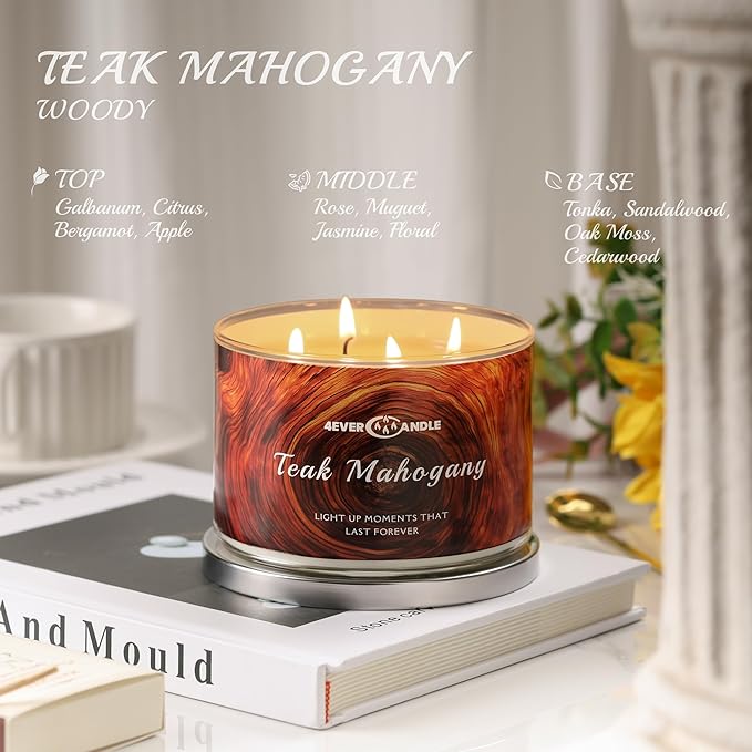 Soy Wax Blend Candle for Home, 4-Wick Candles in Teakwood & Mahogany Scented, Aromatherapy Candles Gift for Parties, Relaxing, Over 50 Hours of Burn Time, 18oz - Bloomnest