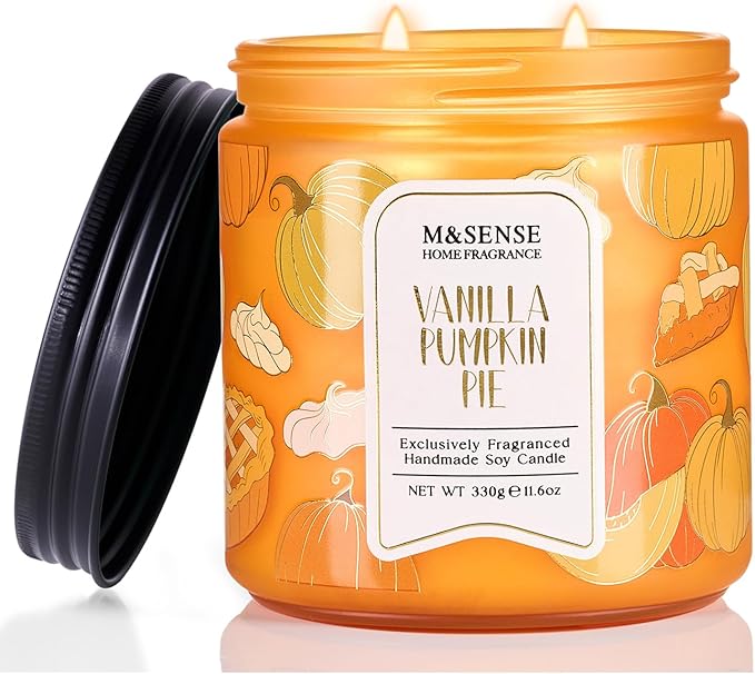 M&SENSE Fall Candles Vanilla Pumpkin Pie Scented, 11.6oz Natural Soy Wax Non Toxic, Double Wick 70 Hours Clean Burn, Warm Spiced Autumn Scent, Seasonal Gifts Home Decor - Bloomnest