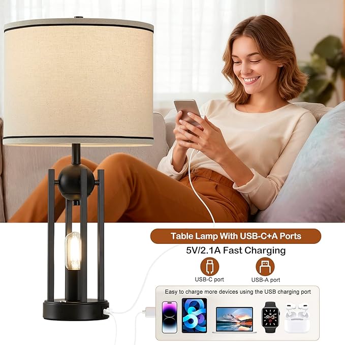 25'' Farmhouse Table Lamps for Living Room Set of 2 with USB C+A Ports, Vintage Bedside Lamp for Bedroom, Touch Lamps for Nightstand, Dual Lights Independent Switch, 4 Bulbs Included, Black - Bloomnest