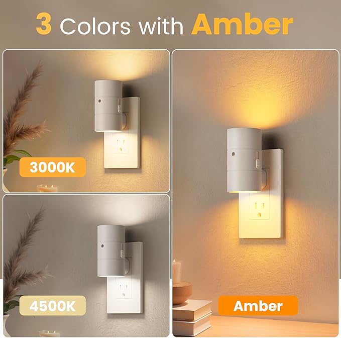 VOLISUN Night Light, Dimmable Led Night Lights Plug into Wall, Amber/3000K/4500K, 0-100LM Adjustable Brightness, Dusk to Dawn Nightlight for Hallway, Bathroom, Bedroom White 2 Pack - Bloomnest
