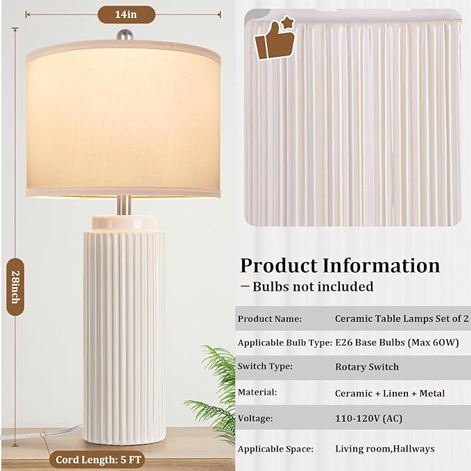 28’’ Farmhouse Ceramic Table Lamps Set of 2 for Living Room, Cream Vintage Bedside Table Lamps with White Linen Shade, Rustic Nightstand Lamps for Bedroom Home Office End Table Dorm - Bloomnest