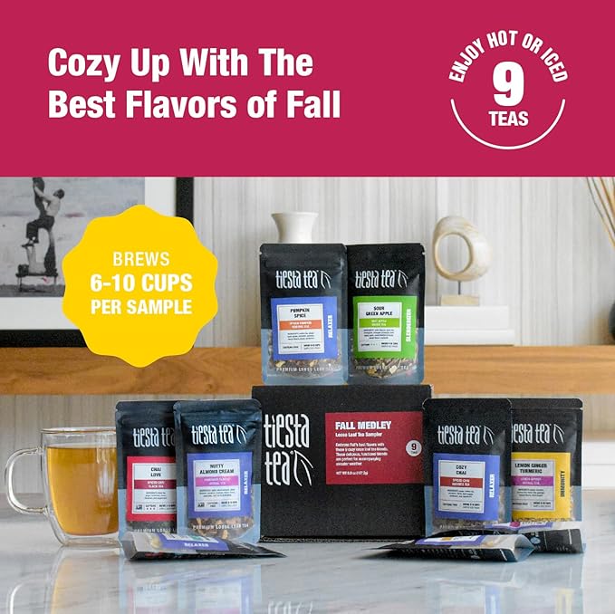 Tiesta Tea Fall Medley Dry Flight Set – Assorted Herbal, Black, Chai, and Fruit Tea Blends for Hot or Iced Brewing, Caffeine Free Loose Leaf Sampler Set with 9 Resealable Pouches - Bloomnest