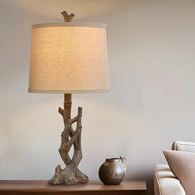 OYEARS 23" Rustic Farmhouse Table Lamp Country Cottage Lamps for Nightstand Tree Trunk Wood Grain Lamp for Bedroom Living Room with Oatmeal Fabric Round Shade Resin Bedside Lamp - Bloomnest