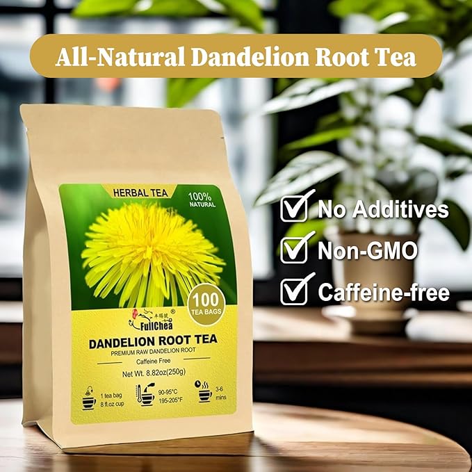FullChea - Dandelion Root Tea Bags, 100 Teabags, 2.5g/bag - Premium Raw Dandelion Root Tea Detox - Non-GMO - Caffeine-free - Rich in Vitamins & Support Immune System - Bloomnest