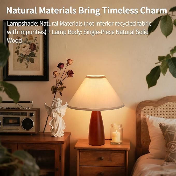 Bedside Table Lamp for Bedroom, Mid-Century Modern Plug in Fabric Shade & Solid Wood Base Desk Lamp, Plug & Play Warm Brown Nightstand Lamp for Living Room, Office, Switch Power Cord 【Bulb Included】 - Bloomnest