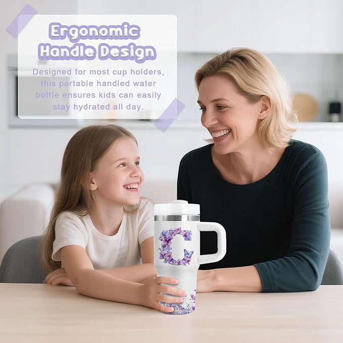 Letter C Tumbler Gifts, 14oz Letter C Themed Tumbler with Handle and Straw, Stainless Steel Double Wall Vacuum Insulated Cup Keep Hot Cold - 14oz Travel Mug with Lid Tumblers for Home Work Outdoor Use - Bloomnest