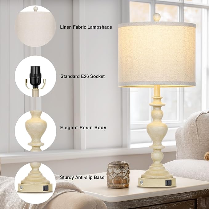 27" Farmhouse Table Lamps Set of 2, Vintage Bedside Lamps with USB A+C Charging Ports, 3-Way Dimmable Touch Control Traditional Nightstand Lamp for Living Room Beige (Bulbs Included) - Bloomnest