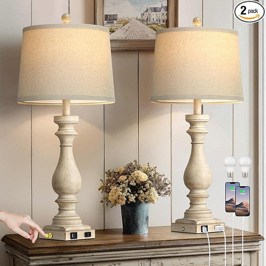 29" Tall Vintage Table Lamps Set of 2,Farmhouse Bedside Lamps with USB C+A Ports & AC Outlet,3-Way Dimmable Touch Lamp for Night Stands Living Room Bedroom,Beige - Bloomnest
