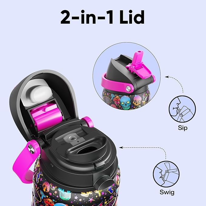 Insulated Water Bottle with Straw - Encool Stainless Steel Water Bottle with Push Button Lid, Leak-Proof & BPA-Free, Keeps Cold for 24 Hours for Sports, Travel, Gym (32 oz, Trippy Skulls) ENCOOL