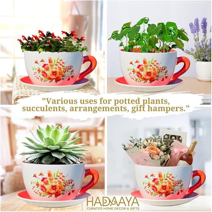 7.5" Round Ceramic Teacup Shape Planter Pot with Saucer for Succulents Orchids Herbs Cactus Indoor Houseplants Flowers for Home Garden and Event Decor – Orange Poppy Floral - Bloomnest
