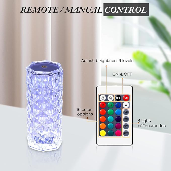 2 Pack Crystal Lamp - Touch Control Rose Crystal Lamp Light for Bedroom, 16 Color Dimmable LED Desk Lamp Light, Battery Operated Small Table Lamp for Bedroom with Remote Controller - Bloomnest