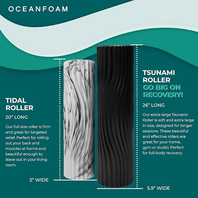 Oceanfoam Tsunami Roller (Black) - Soft, Textured Foam Roller for Physical Therapy, Back Pain, Excercise & Stretching - Wave Textured - Yoga, Athletics, & Wellness - Extra-Large, 26" x 5.9"