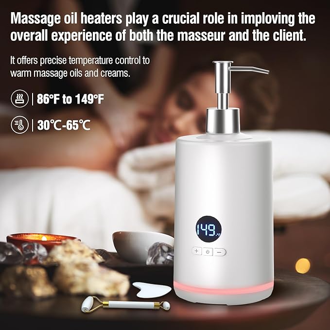 Massage Oil Lotion Warmer, Massage Oil Heater for SPA Massage Therapy and Personal Use, Portable Body Oil Warmer Dispenser with Two Massage Bottles, Adjustable Temperature(86-149°F), White - Bloomnest