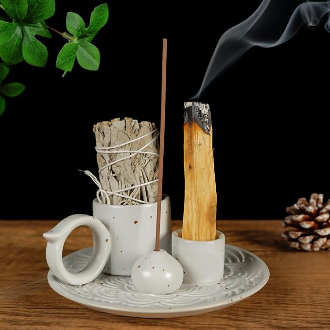 5-in-1 White Ceramic Palo Santo Burner & Holder - Small Candle and Smudge Tray for Incense Sticks & Cones, Sage, Zen Meditation Altar Accessory – Compatible with Matches for Aromatic Scents - Bloomnest
