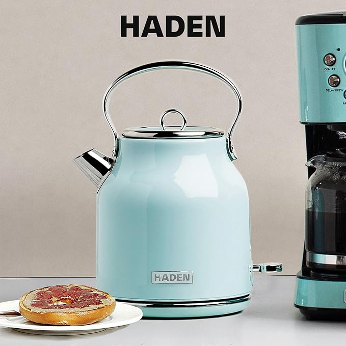 Haden Heritage 1.7 Liter Stainless Steel Electric Kettle, Hot Water Kettle with 360-Degree Base and Auto Shutoff, Turquoise & Chrome - Bloomnest