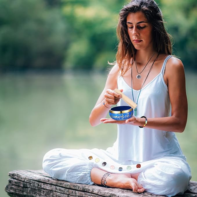BBTO Tibetan Singing Bowls Set for Healing 3.4'' Meditation Sound Bath Bowl 7 pcs Chakra Crystal Stones Mallet Cushion Chakra Bracelet Pendant(Blue) - Bloomnest