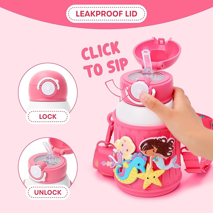 Kids Insulated Tumbler Set – 16oz Stainless Steel Water Bottle with Straw & Pour Lids, Screw-On Cup, Adjustable Strap, Silicone Sleeve & Charms – Leakproof BPA-Free Bottle for Boys & Girls - Bloomnest
