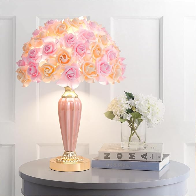 Pink Flowers Lamp Beautiful Yellow Flower Bedside Lamp Romantic Rose Bouquet Table Lamp for Wedding Girl Bedroom Valentines Dating Living Room Hotel Office Endtable - Bloomnest