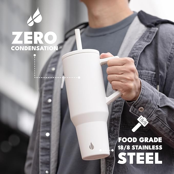 Elemental 40 oz Tumbler with Handle and Straw - Spill Proof Insulated Stainless Steel Commuter for Hot and Cold Beverages - Travel Coffee Mug with 2 Straws & Spill Proof Lid - 40oz - White - Bloomnest