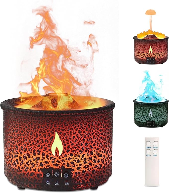 Volcano Humidifier Quiet Flame Diffuser: 300ml Spray Humidifier with 2 Modes Fire Mist Waterless Auto Shut Off Aromatherapy Diffuser with Remote Control for Bedroom Home, Office(Red & Blue) MINGPINHUIUSFeatured
