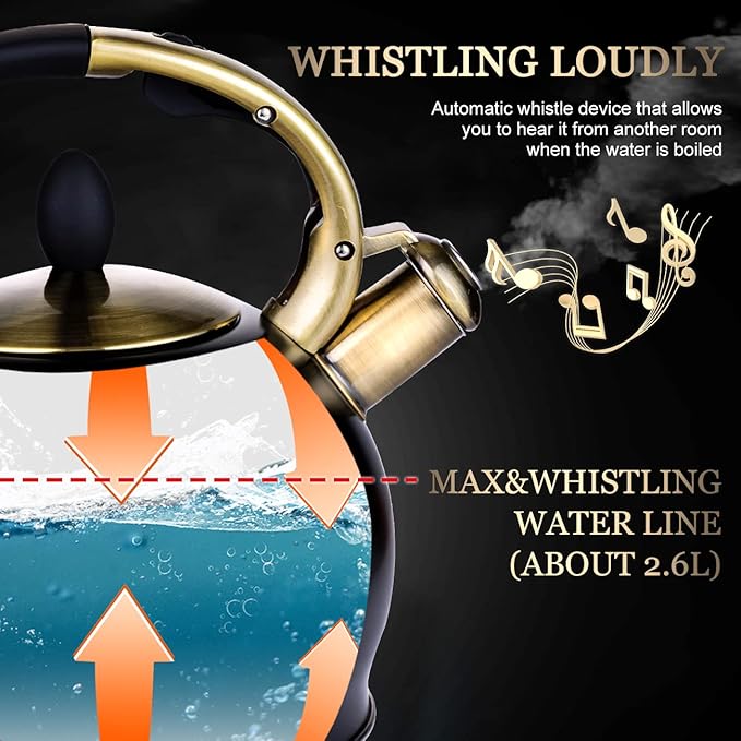 SUSTEAS Stove Top Whistling Tea Kettle - Food Grade Stainless Steel Teakettle Teapot with Cool Touch Ergonomic Handle, With 1 Silicone Pinch Mitt Included, 2.64 Quart(BLACK) - Bloomnest