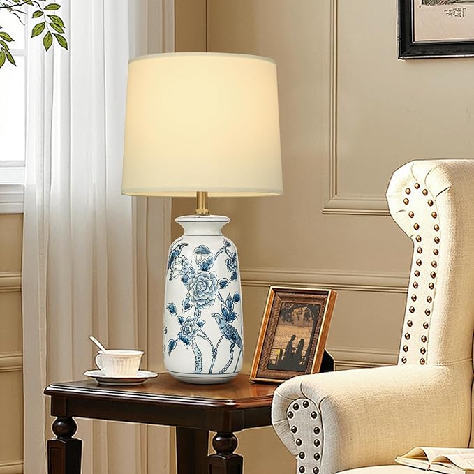 24.25" Blue Ceramic Table Lamp for Living Room, Classic Blue and White Lamp for End Table, Blue Birds and Flowers Lamps, Traditional China Nightstand Lamp for Bedroom - Bloomnest