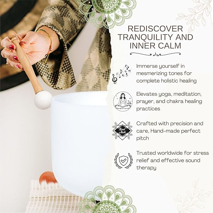 10 inch White E Note Solar Plexus Quartz Crystal Singing Bowl, for Healing Mindfulness Meditation Yoga Sound Baths, with Rubber Mallet O-ring - Bloomnest