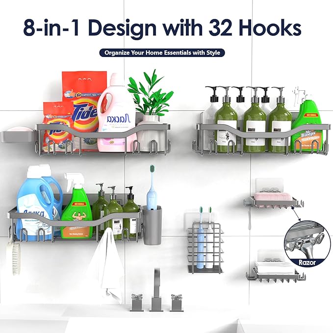 Shower Caddy Adhesive Shower Organizer 8-Pack, Rustproof Stainless Steel Bathroom Shelves, Large Capacity No-Drill Rack Storage Accessories with Soap Dish Toothbrush Holder Hooks - Bloomnest