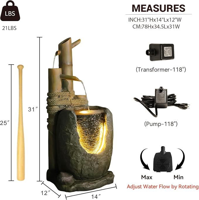 31" H 3 Tiered Bamboo & Imitation Rock Water Fountain - Natural Zen Decor with LED Lights Cascading Waterfall Design for Outside&Indoor - Suitable for Garden/Patio/Yard/Deck/Balcony （Resin） - Bloomnest
