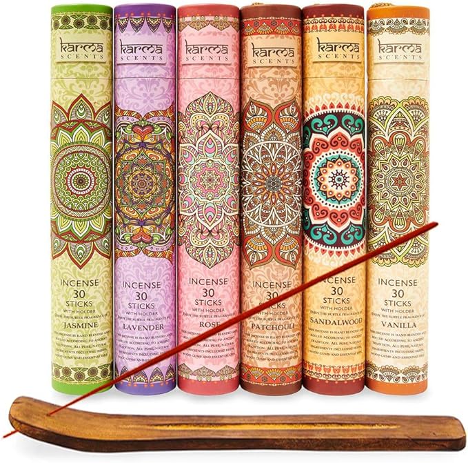 Premium Incense Sticks, Lavender, Sandalwood, Jasmine, Patchouli, Nag Champa, Vanilla, Variety Gift Pack 180 Sticks, Includes a Holder in Each Box - Bloomnest
