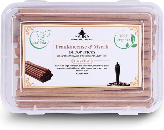 Yajna Frankincense-and-Myrrh-100%-Natural-Incense-Bambooless-Dhoop-Sticks Handmade-Organic-Chemicals-Free for-Relaxation-Positivity-Yoga-Meditation The-Best-scents-4.5-Inches-20-Count