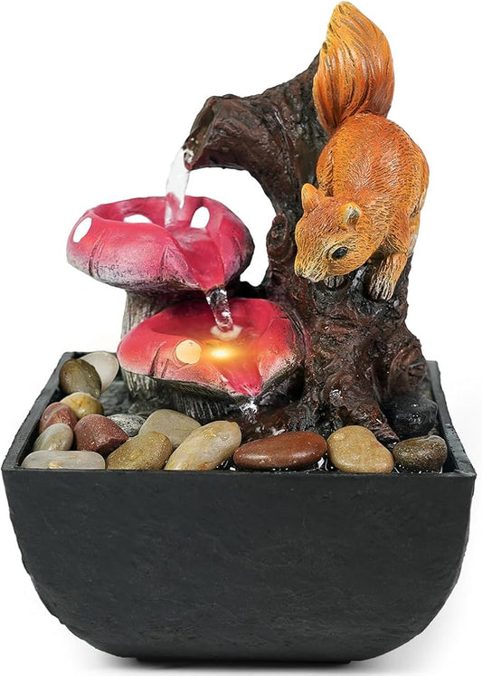 Ferrisland Tabletop Water Fountain Indoor - 3 Tiered Waterfall Fountain Indoor Desktop Water Feature with Light Squirrels Animal Sculpture Relaxation Fountains for Office Home Decor, Gift Idea - Bloomnest