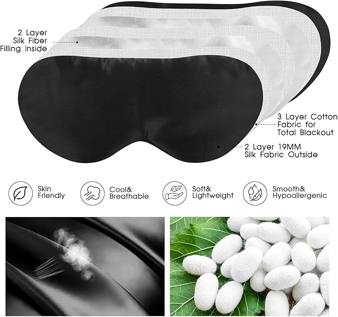 100% Mulberry Silk Eye Mask for Sleeping with Silk Wrapped Adjustable Strap,Black - Bloomnest