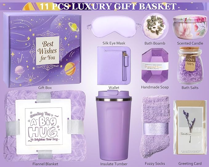 Gift Basket for Women, Birthday Gifts for Women Self Care Gifts Get Well Soon Gifts, Flannel Blanket,Tumbler, Relaxing Spa Gifts for Mom Best Friend Wife Girlfriend Sister Her (Purple)