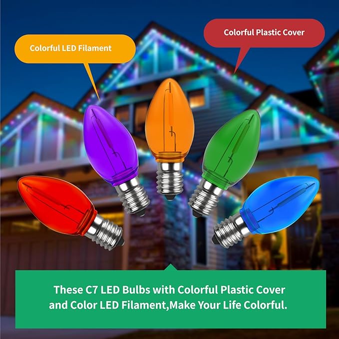 Meconard C7 Led Replacement Christmas Light Bulb, C7 Shatterproof Led Bulbs for Christmas Outdoor String Lights, E12 Candelabra Base, Commercial Grade Holiday Bulbs, Multi-Color, 25 Pack - Bloomnest