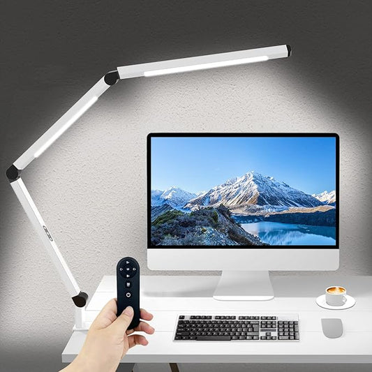 Micomlan LED Desk Lamp for Home Office, Architect Clamp Desk Lamp with Remote Control, Adjustable Dimmable Swing Arm Clamp on Table Light Clip-on Dual Light 5 Brightness Levels & 4 CCT Modes - Bloomnest