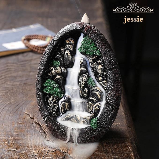 Backflow Incense Holder Resin Mountain Incense Burner Fountain Waterfall Incense Holders Home Decor with 120 Pcs Backflow Incense Cones 30 Pcs Incense Sticks (Waterfall) - Bloomnest