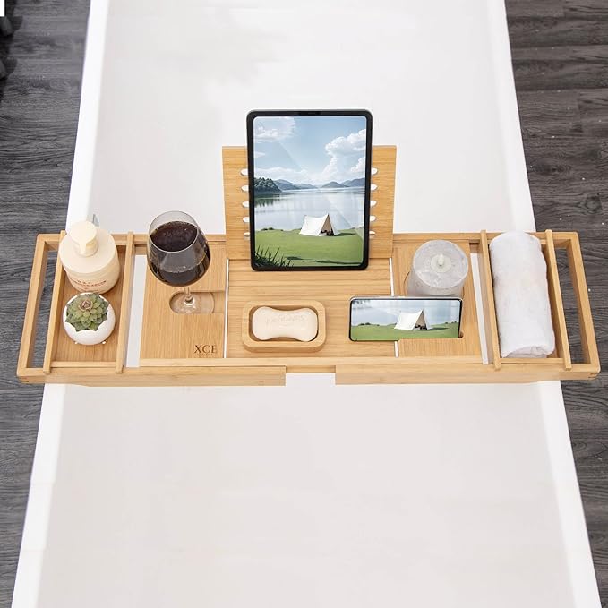 XcE Bamboo Bathtub Caddy Tray - Expandable to 41 Inches with Book Stand, Soap Holder & Anti-Slip Pads for Luxury Bath Spa, Natural - Bloomnest