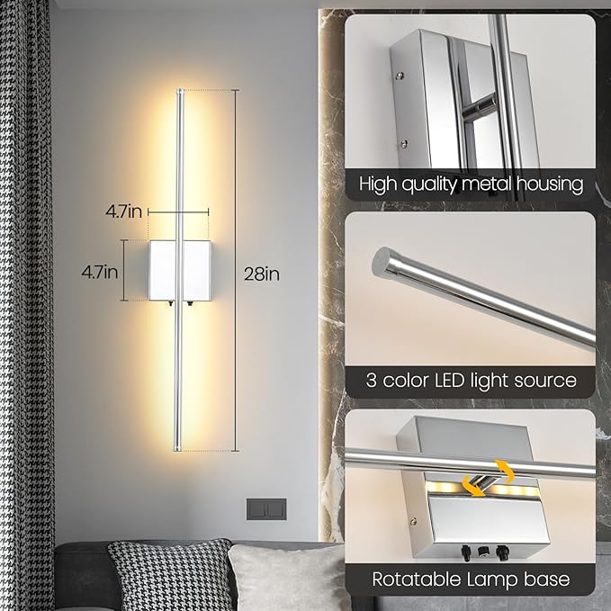 LED Wireless Battery Operated Wall Sconces, 11000mAh Rechargeable Chrome Wall Lights with Remote Control, 350°Rotate Dimmable Wall Lamp, 3 Color Temperatures, for Bedroom Living Room Hallway, 1 PCS - Bloomnest