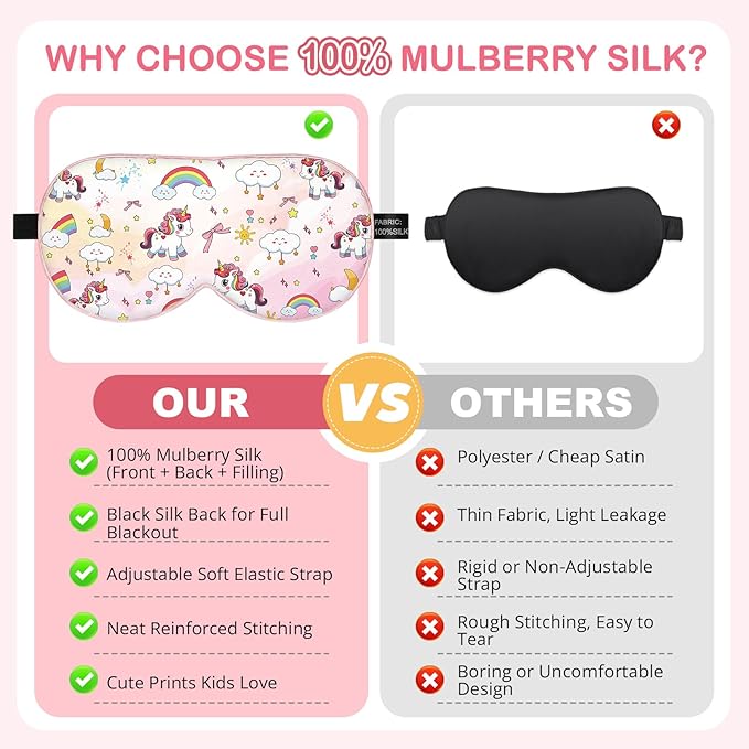 Kids Silk Sleep Mask: 100% Mulberry Silk Eye Mask with Adjustable Strap, Cute Sleeping Blindfold for Boys Girls Teens, Soft & Lightweight Eye Shade for Travel, Nap, Bedtime (Pink Horse Style) - Bloomnest