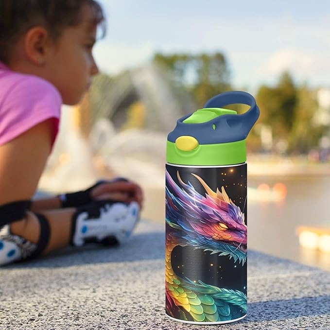 Dragon Galaxy Colorful Kids Water Bottle with Straw Lid Insulated Tumbler with Handle Stainless Steel Reusable Toddlers Cup for Kids Boys 12 oz - Bloomnest