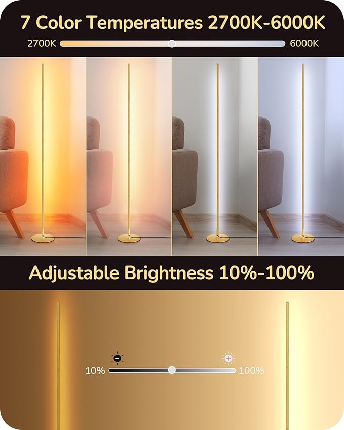 EDISHINE LED Corner Floor Lamp, Dimmable Standing Light with Remote, 7 Color Temperature 2700K-6000K, 57.5" Modern Floor Lamp for Bedroom, Living Room, Office, Gold - Bloomnest