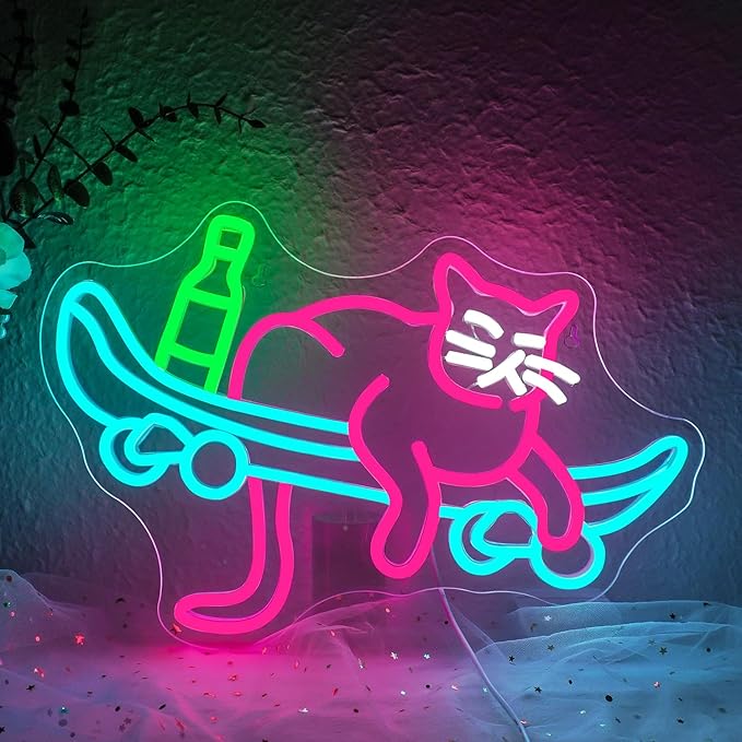 Lucunstar Skateboard Cat Neon Sign Pink Neon Signs for Wall Decor USB Connectivity Adjustable Brightness Animal Light Sign for Wall Decor Sign for Cat Lover Pet Shop - Bloomnest