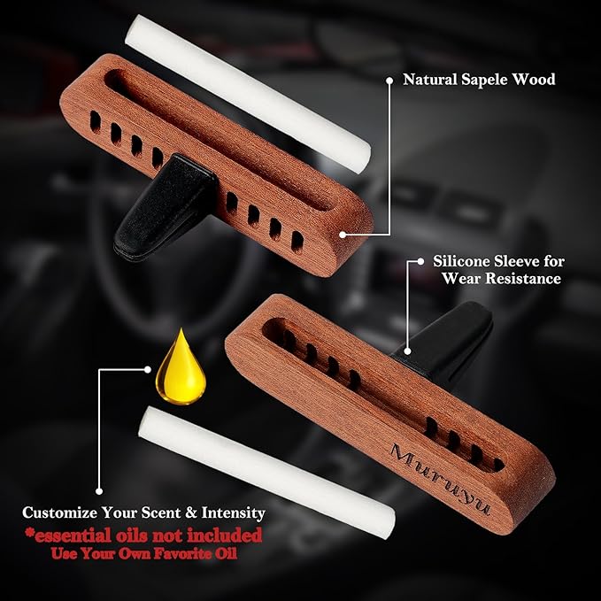 2-Pack Car Diffuser, Natural Sapele Wood Air Freshener Vent Clip for Essential Oils, Refillable Solid Wood Design (No Essential Oils) - Bloomnest