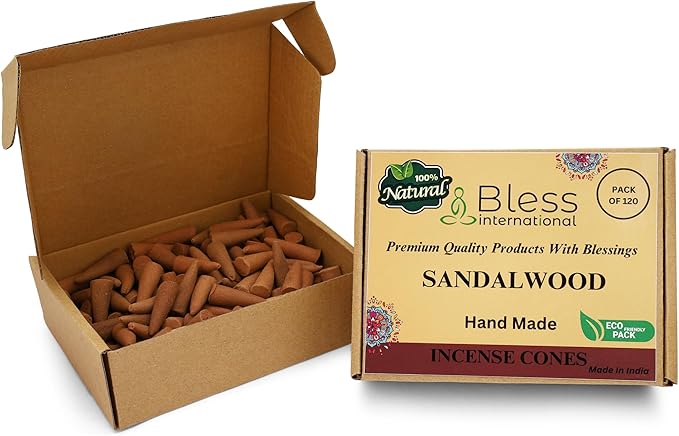 Bless International Sandalwood 100%-Natural-Incense-Cones Handmade-Hand-Dipped Organic-Chemicals-Free for-Purification-Relaxation-Positivity-Yoga-Meditation The-Best-scents 120 Count BlessInternational