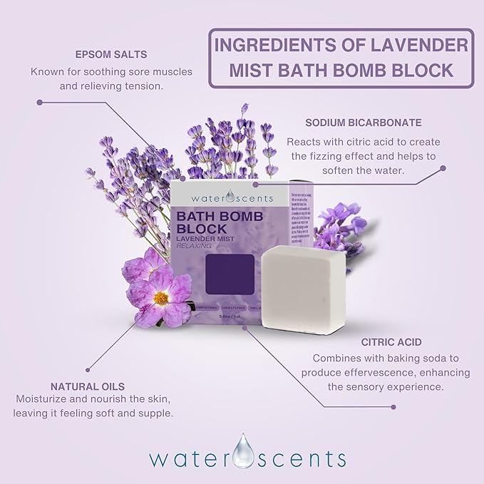 Water Scents Lavender Mist Bath Bomb Block | Vegan, Cruelty-Free & Natural | Lavender Aromatherapy Bath Bomb for Stress Relief & Moisturizing | Handmade Spa Gift for Women, 3.5 oz - Bloomnest
