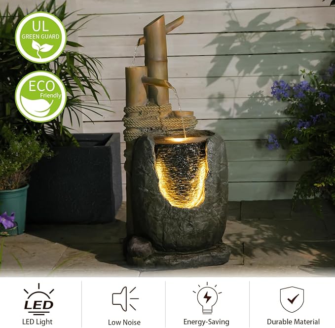 31" H 3 Tiered Bamboo & Imitation Rock Water Fountain - Natural Zen Decor with LED Lights Cascading Waterfall Design for Outside&Indoor - Suitable for Garden/Patio/Yard/Deck/Balcony （Resin） - Bloomnest